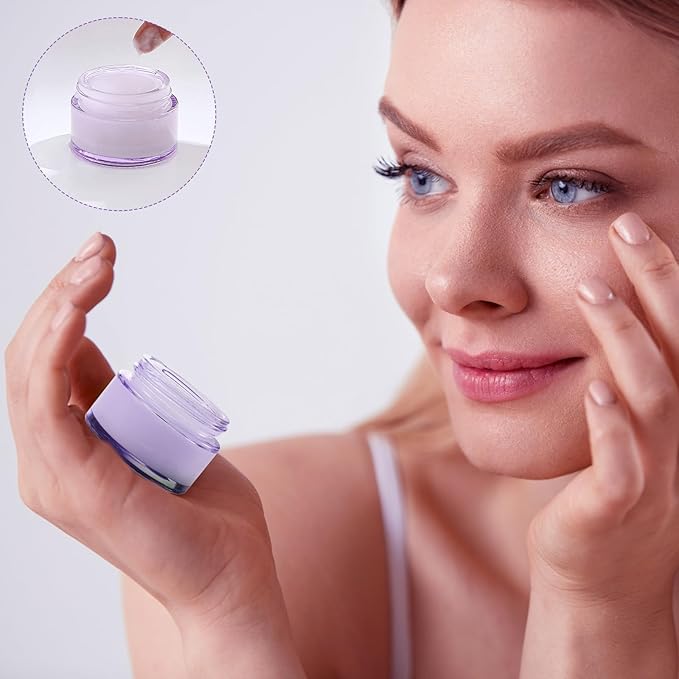 Domensi 60 Pcs 1oz Glass Jars with Lids Bulk Salve Tins Small Glass Candle Cosmetic Jars for Travel with Inner Liners Containers for Lotions Sample Cream(Light Purple, White Lids)