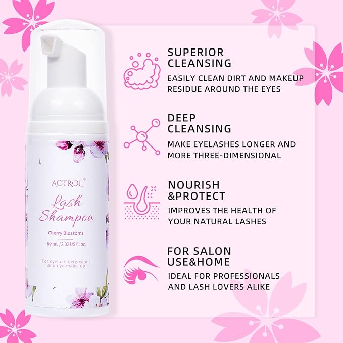 Eyelash Extension Cleanser 60ML Natural Lash Extension Shampoo Cherry Blossom Professional Eyelid Foaming Cleanser Paraben & Sulfate Free Non-lrritating with Salon and Home Care