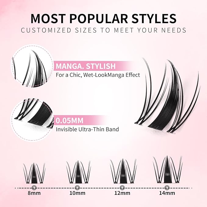 Fairy Lash Clusters Kit 8-14mm Manga Individual Lashes C Curl Wispy Eyelash Clusters WideSpan Eyelash Extension Kit with Lash Bond and Seal Wet-Look Spiky Cluster Lashes Ultra-Thin Invisible Lash Band
