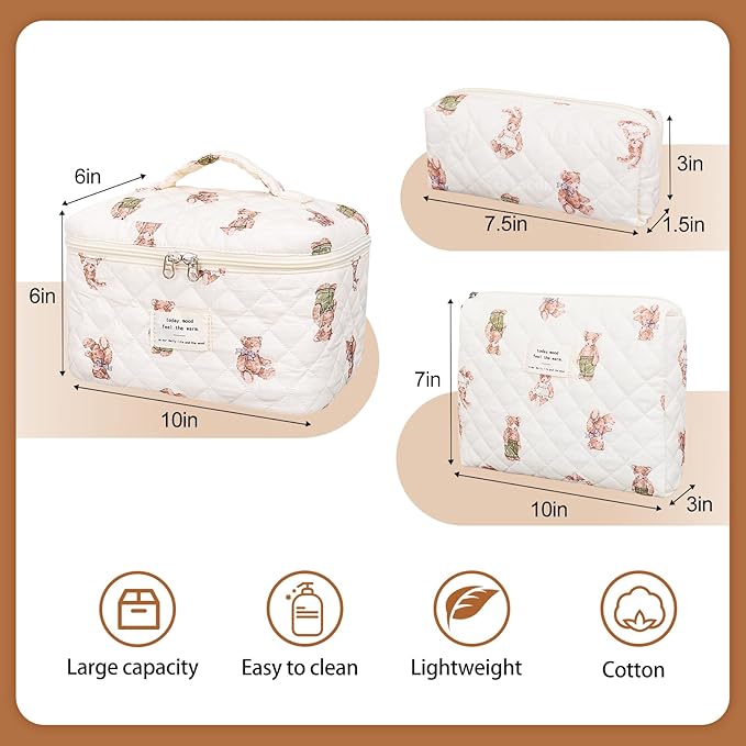 Quilted Makeup Bag,Large Cosmetics Bag Set,Cotton Coquette Floral Make up Pouch,Travel Toiletry Bag for Women