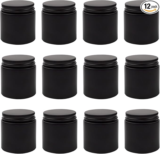 Cornucopia 4oz Black Coated Glass Jars (12-Pack); Cosmetic Jars with Black Metal Lids and Black Matte Exterior, 4-Ounce