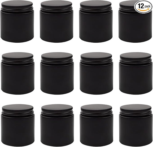 Cornucopia 4oz Black Coated Glass Jars (12-Pack); Cosmetic Jars with Black Metal Lids and Black Matte Exterior, 4-Ounce