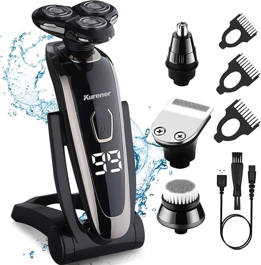 Electric Razor for Men Shaver Rechargeable Waterproof Rotary for Shaving with Nose Trimmer Sideburns Trimmer Face Cleaning Brush