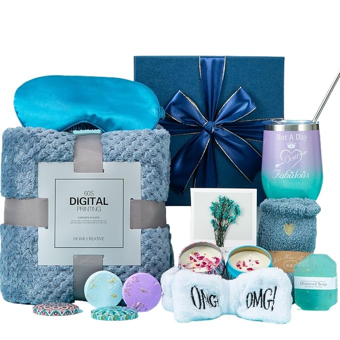 Gifts Basket for Women,Birthday Gifts for Women Birthday Presents Friendship Gifts Get Well Soon Gifts Self Care Package Gifts Blue Gift Box Relaxing Set Unique Gifts with Blanket for Mom,Wife,Sister