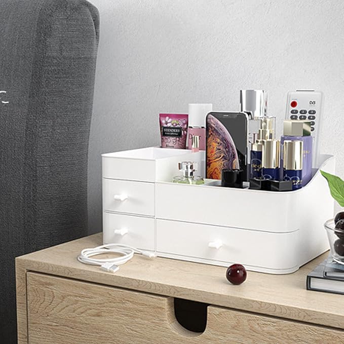 skin care organizer,Makeup Desk Organizer With Drawers ,Countertop Organizer for Cosmetics,Vanity brush with Holder for Lipstick, Brushes, Eyeshadow, and Desktop Finishing Dresser (A-Large-White)