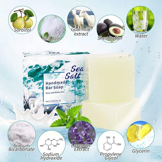 4 PC- ONIYEA Sea Salt Handmade Bar Soap 3.5 Oz Each, Natural Goat's Milk, All Skin Types, Exfoliating Acne Deeply Clean Problem Skin, Body/Face/Hand Wash Skincare, Women Men Birthday Mother Valentine