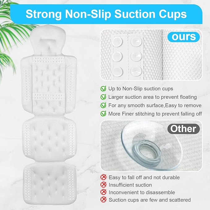 Full Body Bath Pillow for Bathtub, Luxury Bath Gifts for Women, Tub Pillow for Bath for Headrest Neck and Back Support (White)