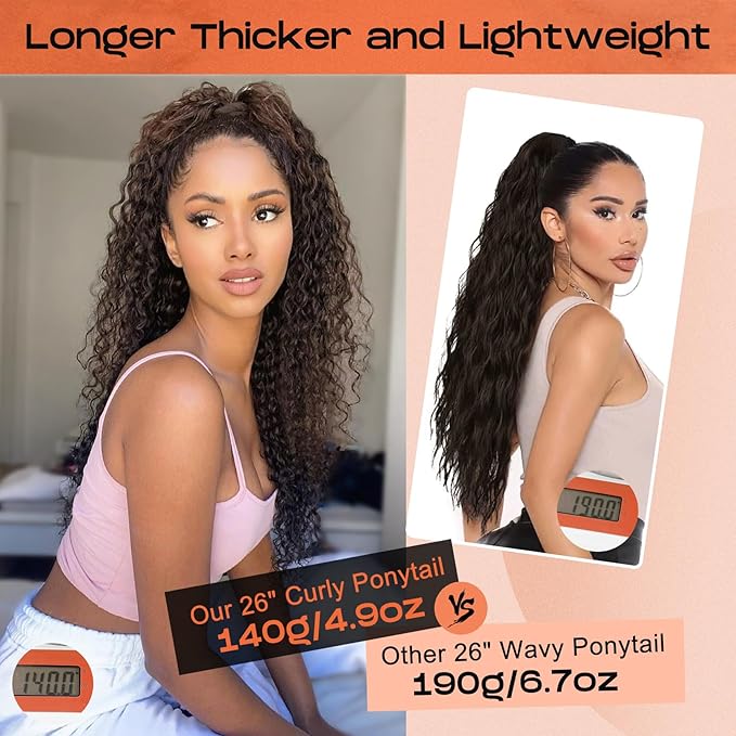 Black Ponytail Extension, SEIKEA 26" Lightweight Curly Drawstring Ponytail Long Thick Fake Pony Tail Multi Layered Natural Soft Clip in Hair Extensions Ponytail Synthetic Hairpiece for Women