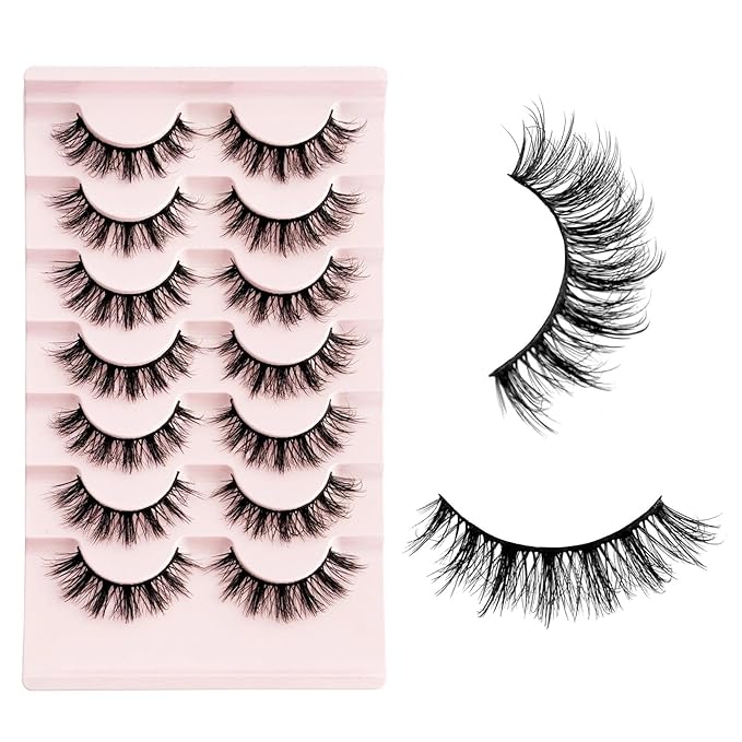 Short Lashes Natural Look Mink Lashes Fluffy Wispy Lashes Strips Russian D Curl NINGLASH False Eyelashes Cat Eye Lash that Look Like Extensions Fake Eyelash 14mm Faux 3D 7 Pairs Lash Pack