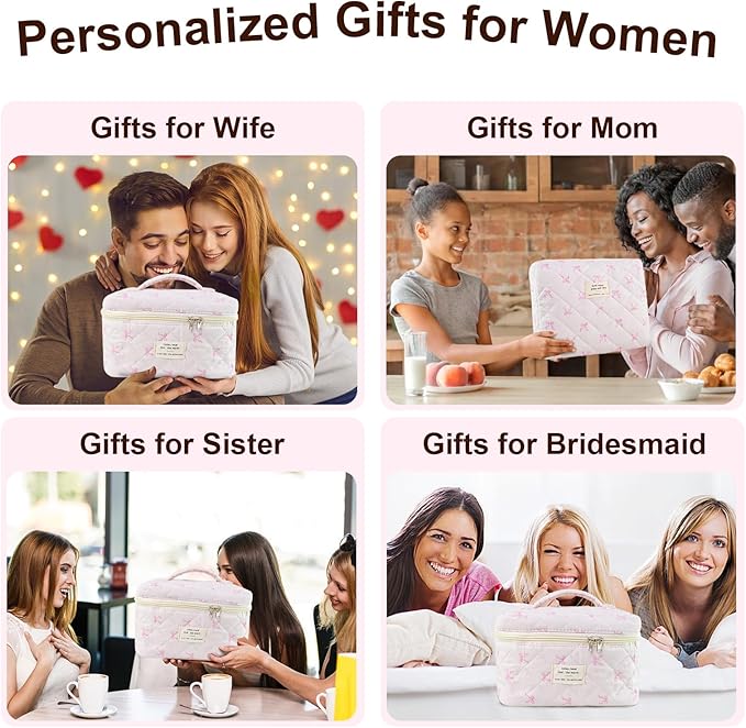 3Pcs Makeup Bag Cotton Quilted Travel Cosmetic Bag Cute Floral Makeup Pouch Large Toiletry Bag for Women Girls (Bow-Pink2)