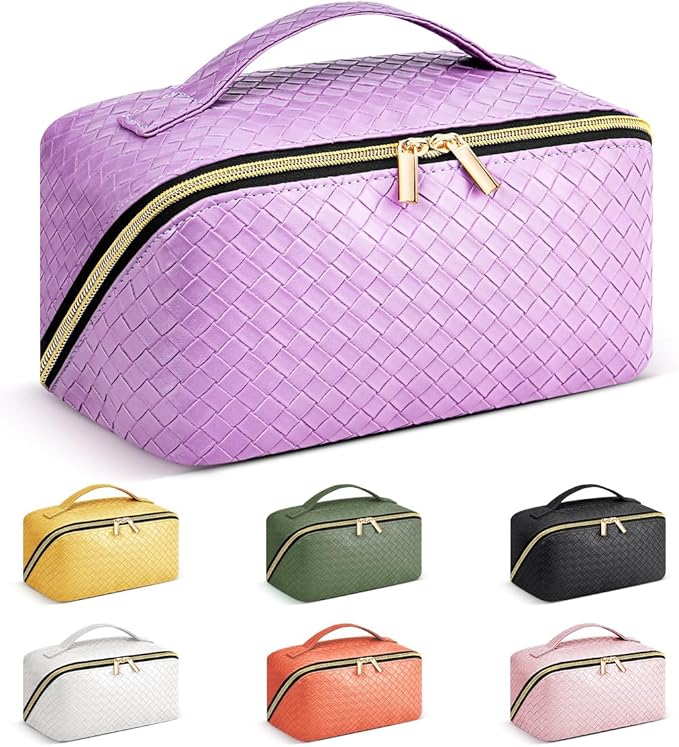 Travel Makeup Bag: Large Capacity Cosmetic Bag for Women, Portable PU Leather Waterproof Stuff Bag With Handle and Divider Flat Lay Makeup Pouch Toiletry Bag Birthday Gift for Women - Purple
