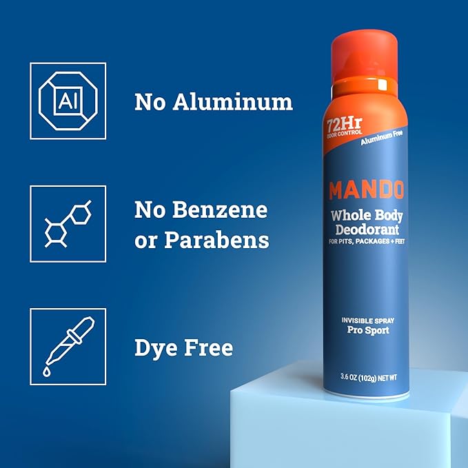 Mando Whole Body Deodorant For Men - Invisible Spray Deodorant - 72 Hour Odor Control - Low Irritation Formula - Aluminum Free, Benzene Free - 3.6 ounce Cans (Pack of 2) - Pro Sport