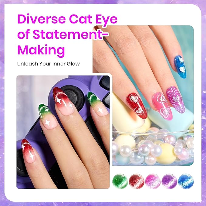 Beetles Cat Eye Gel Nail Polish, 6 Colors Cat Eye Glitter Gel Polish Set Spring Summer Neon Colors Red Pink Purple Blue Green with Magnet Velvet Kit French Nail Art Manicure Gift for Women