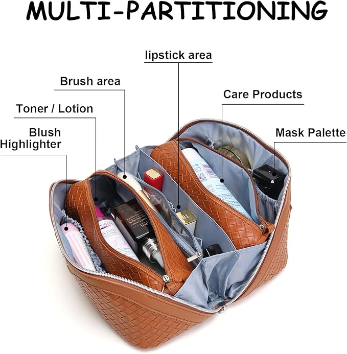BOYATU Travel Makeup Bags for Women: 3 Pcs Large Make up Bags Set - Vegan Leather Cosmetic Bag for Traveling - Waterproof Toiletry Organizer Wide Open Portable Pouch (L07 Brown)