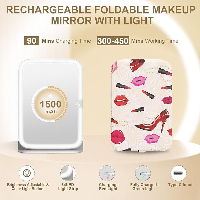 Mocado Travel Makeup Mirro with Lights, 360° Rotation Lighted Makeup Mirror, Portable Mirror with 10x Magnification, 3 Color Lightings, Dimmable Touch Screen, Tabletop Light up Mirror(Lipstick)