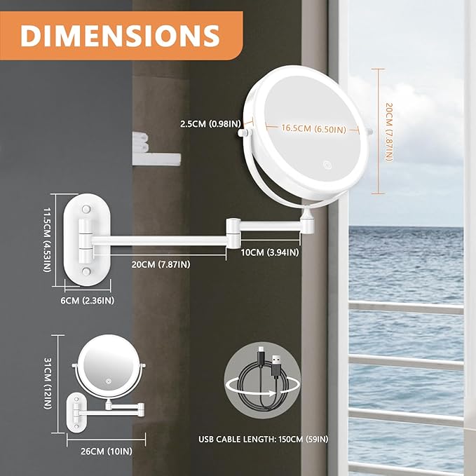 1X/20X Wall Mounted Makeup Mirror with Light, 8" Double-Sided Magnifying Mirror, 3 Color Lights Touch Dimmable Vanity Mirror with 360° Extension Rotation Foldable 14.5 Inch Arm for Bathroom