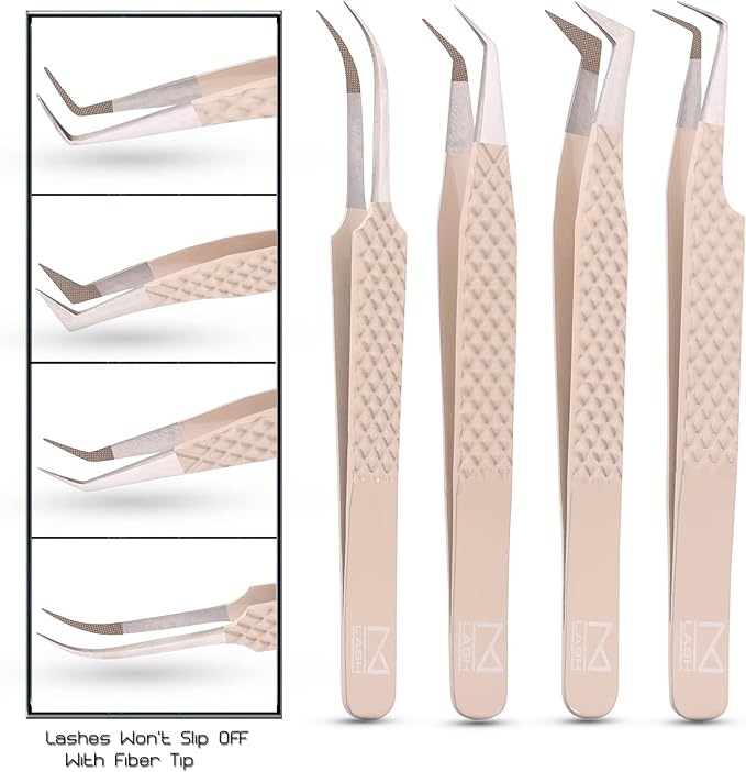 M LASH Tweezers for Eyelash Extensions (Set of 4) - Professional Lash Extension Tweezers - Fiber Tip, Japanese Steel, Diamond Grip Eyelash Extension Tweezer (ET-Neu)