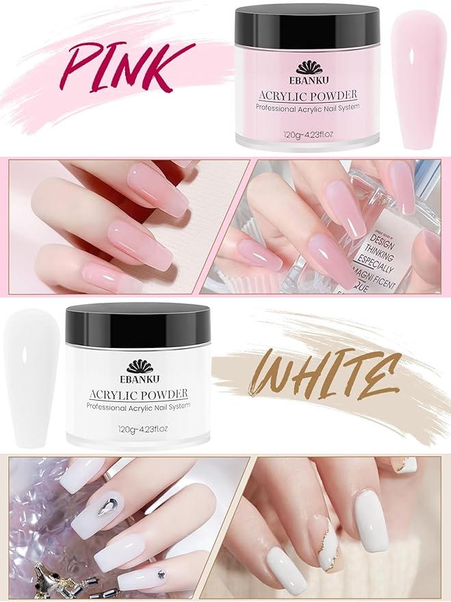 EBANKU Acrylic Powder Set 4 Colors Acrylic Nail Powder Nude Pink White Clear Acrylic Powder for Acrylic Nail Extension Nail Carving, Long-Lasting, No Nail Lamp Needed, Large Capacity 4.23oz*4
