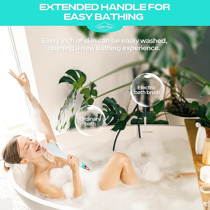 Color You Electric Body Brush for Exfoliating and Massage, Long Handle Electric Bath Brush Rechargeable Body Scrubber, Soft Silicone Spinning Skin Brush with 4 Spin Brush Heads for Man and Women