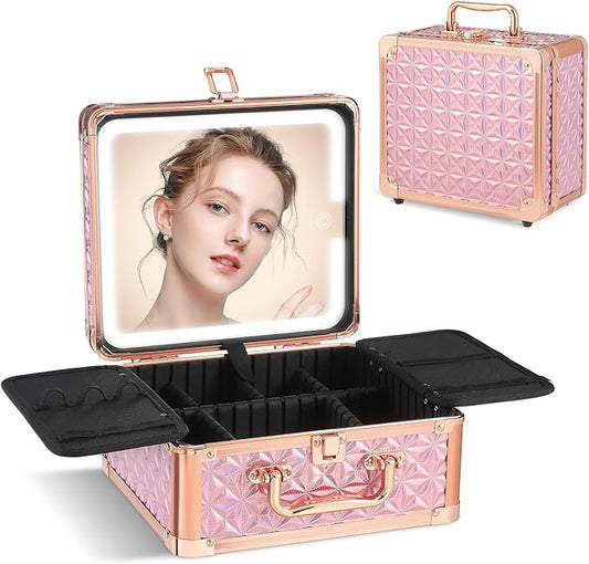 Leeora&Leekoo Makeup Box with LED Mirror & Aluminum Frame, Compact Multi-Layer Cosmetic Organizer - Portable ABS Travel Train Case for Makeup Storage(Gift for Girlfriend/Daughter) (Pink)