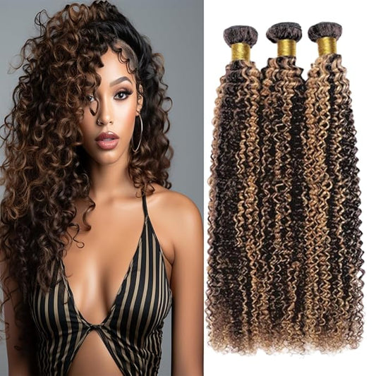 P1B/30 Highlight Deep Curly Bundles Human Hair Two Tone Black Mixed With Brown Curly Bundles Brazilian Human Hair Weave Wet and Wavy for Black Women 26 28 30 Inch