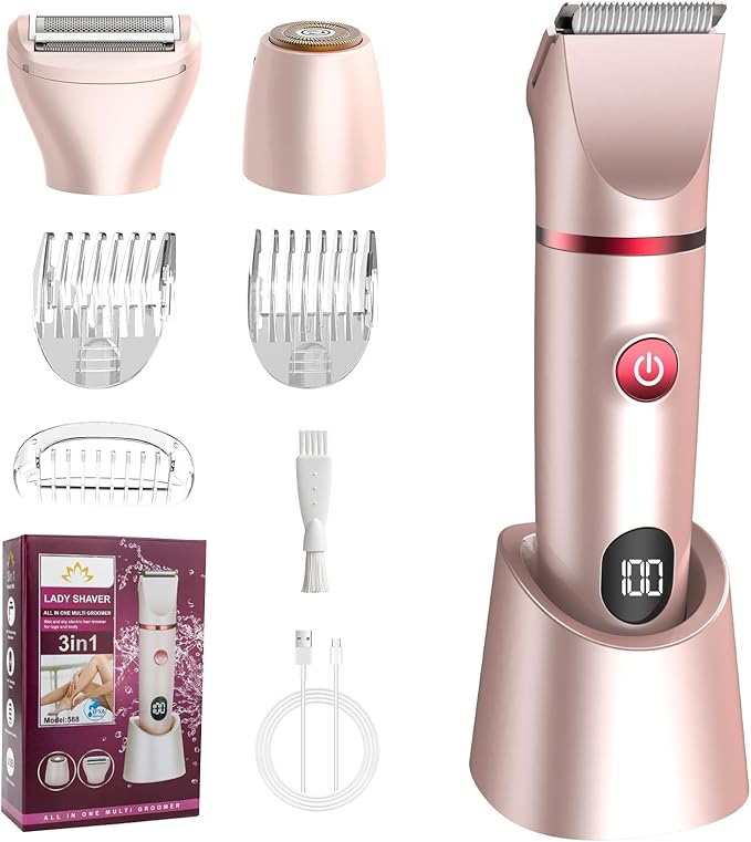 Bikini Trimmer for Women- 3 in 1 Painless Electric Razors for Women,Waterproof Pubic Hair Trimmer and Facial Hair Remover,LCD Display Body Shaver for Trip,Rechargeable Women's Grooming Kit