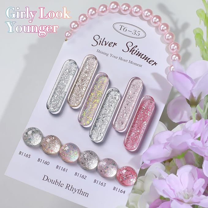 Double Rhythm 0.5 Oz Glitter Gel Polish Set of 6 Color with Display Board 15 ml Full Size Kit Shimmer Reflective Sparkle Soak Off Manicure Salon DIY at Home (Gold Silver Light Pink Rose-T6-35)