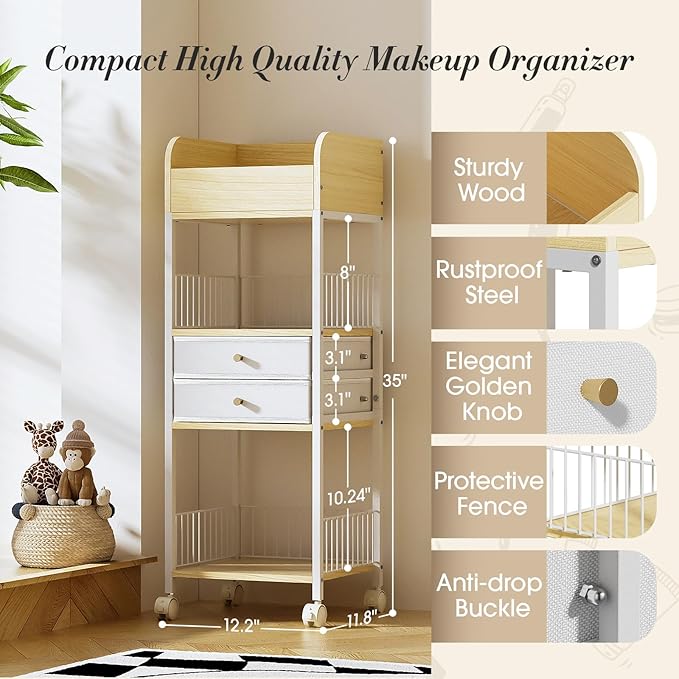 Makeup Organizer Cart with 2 Drawers, Rolling Bathroom Organizers and Storage- Versatile Skincare Perfume Storage Vanity Organizer, Natural Wood and White Iron