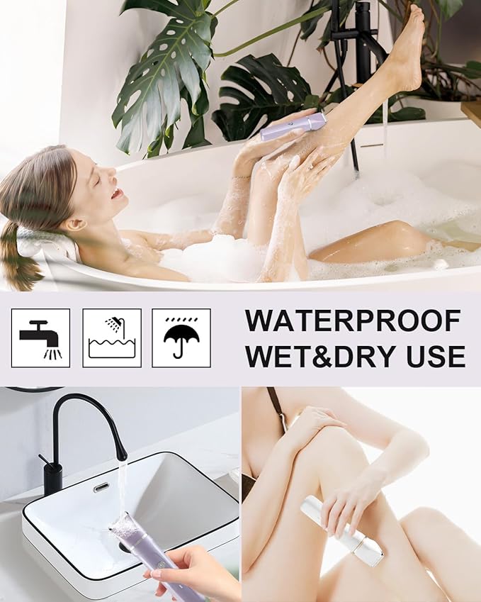 Bikini Trimmer for Women Painless Electric Razor for Women,3 in 1 Pubic Hair Trimmer for Women,USB Recharge Dock,Replaceable Ceramic Blade Heads,IPX7,Personal Shaver Kits,Purple