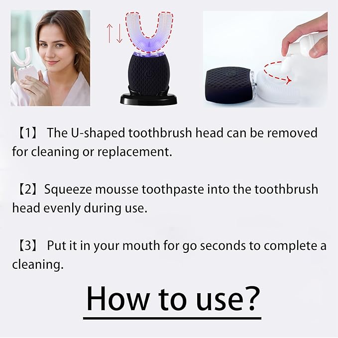 Automatic Toothbrush for Adults Ultrasonic Electric Ultrasonic Toothbrush 30'' Automatic Timer Wireless Charging Washable Travel Home Dual-use (Black, M)