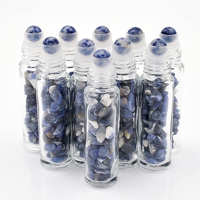 Essential Oil Roller Bottle 10ml w EVA Carrying Travel Case（Clear Glass Bottle with silver Cap、10pack、Gemstone Roller Balls、Crystal Chips Inside、Opener Gemstone Roller Ball Bottles