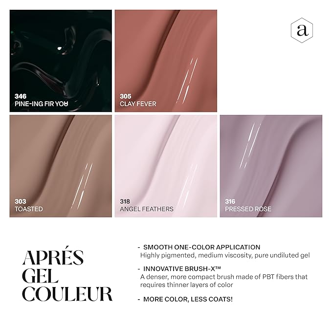 Apres Gel Couleur Combo Set, 5 Color Gel Nail Polish, Bright Nude Pastel Colors with Brush-X Nail Art Brush, 2024 Edition (Set 20)