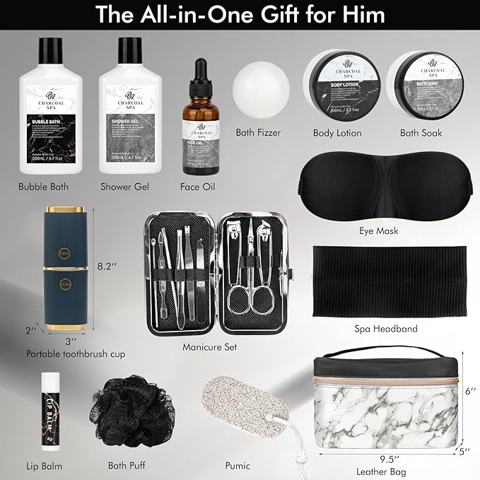 Bath Gift Basket for Men and Women, 23pcs Charcoal Luxury Home Spa Kit for Father and Mother Spa Kit in Cosmetics Bag Father's Day Birthday Gift for Christmas from RA ROSA ACCA