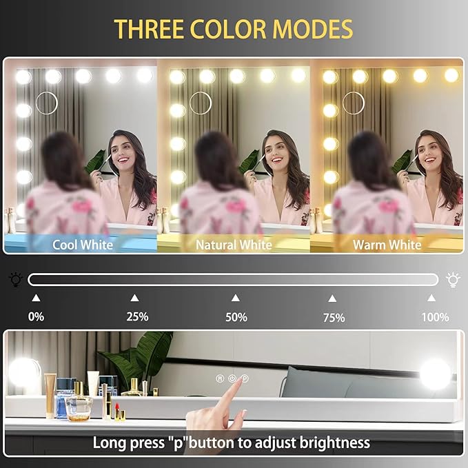 22.8 x 18.2 Vanity Makeup Mirror with Lights, 10X Magnification,Large Hollywood Lighted Vanity Mirror with 15 Dimmable LED Bulbs, USB Charger Port, Tabletop or Wall-Mounted Gold…