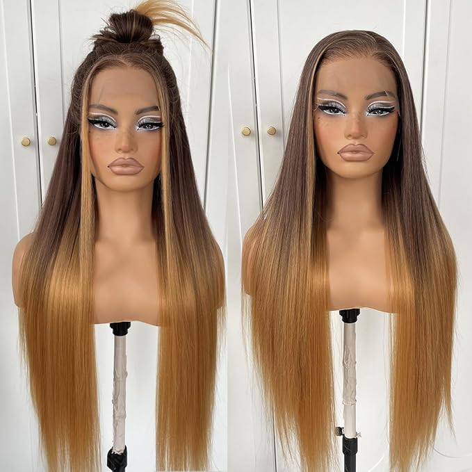 13x6 Ombre Lace Front Wig pre plucked Glueless Highlight Ombre Long Straight Lace Front Wigs Yaki Synthetic Highlight HD Lace Front Wig 1B/30/27