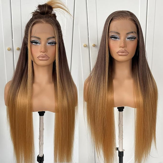 13x6 Ombre Lace Front Wig pre plucked Glueless Highlight Ombre Long Straight Lace Front Wigs Yaki Synthetic Highlight HD Lace Front Wig 1B/30/27