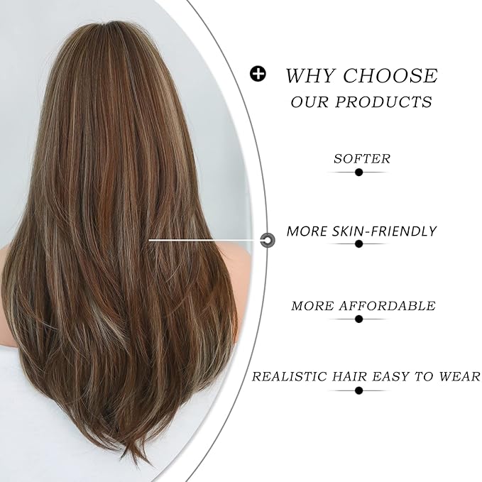 7JHH WIGS Honey Blonde Wig with Bangs Long Brown Wigs for Women,Layered Heat Resistant Synthetic Wigs for Daily Use