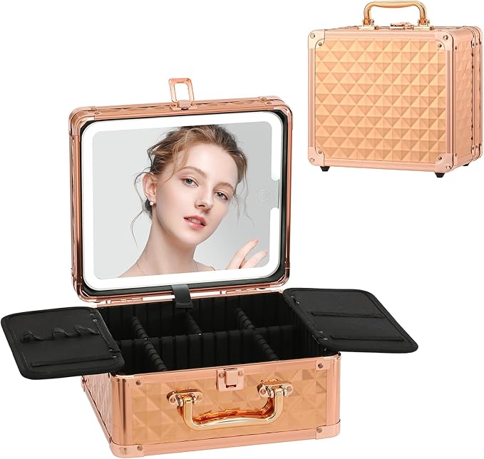 Leeora&Leekoo Makeup Box with LED Mirror & Aluminum Frame, Compact Multi-Layer Cosmetic Organizer - Portable ABS Travel Train Case for Makeup Storage(Gift for Girlfriend/Daughter) (Rose Gold)