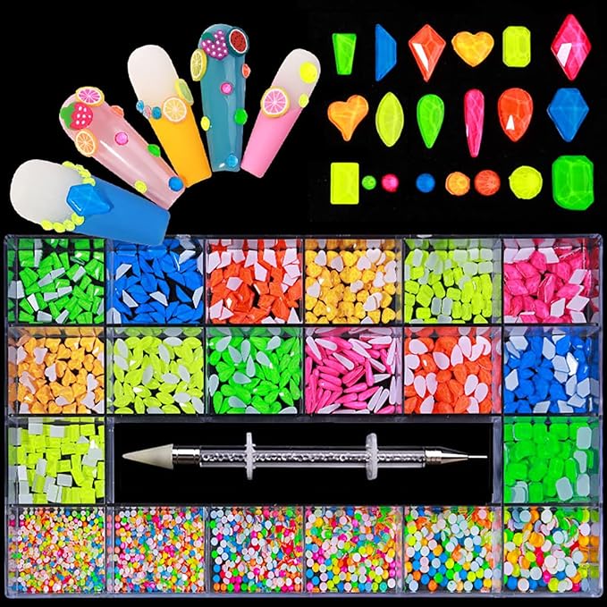 12 Types of Fluorescence 600 Diamonds + 2500 Flat Rhinestones Mix 20 Styles Flatback DIY Crafts Rhinestone Crystals 3D Decorations Flat Back Stones Set + Rhinestone Picker Wax Pen