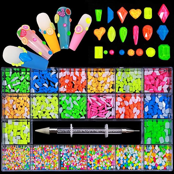 12 Types of Fluorescence 600 Diamonds + 2500 Flat Rhinestones Mix 20 Styles Flatback DIY Crafts Rhinestone Crystals 3D Decorations Flat Back Stones Set + Rhinestone Picker Wax Pen