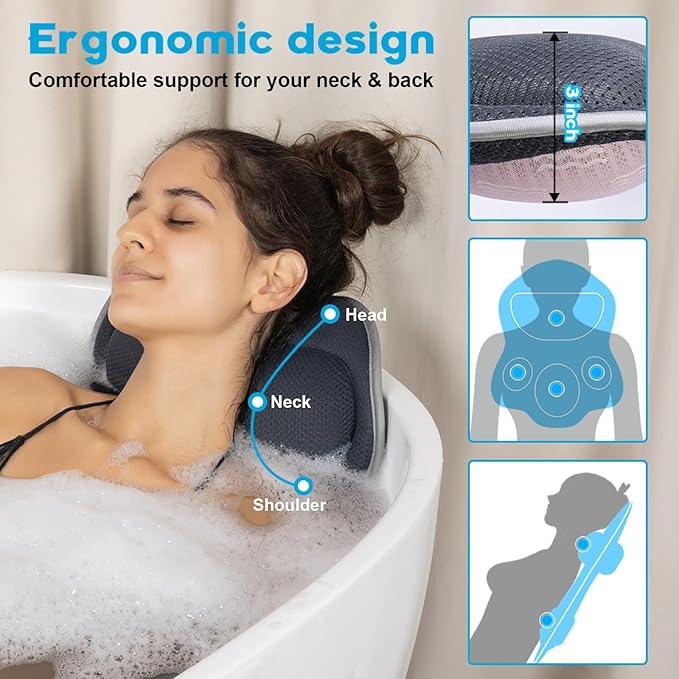 Luxury Bath Pillows for Tub – Extra Thick Non-Slip Bathtub Pillow with Rubber Back, Head & Neck Support for Soaking, Spa Bath Accessories, for Women, Fits All Bathtubs (Gray)