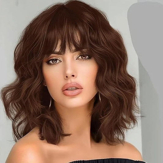 AISI HAIR Synthetic Wavy Curly Bob Wig with Bangs Ash Auburn Short Wavy Hair for Women Synthetic Heat Resistant Bob Wigs