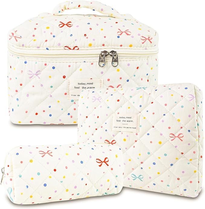 3Pcs Quilted Makeup Bag, Cute Floral Cotton Cosmetic Bag set, Coquette Bow Makeup Pouch Large Travel Toiletry Bag