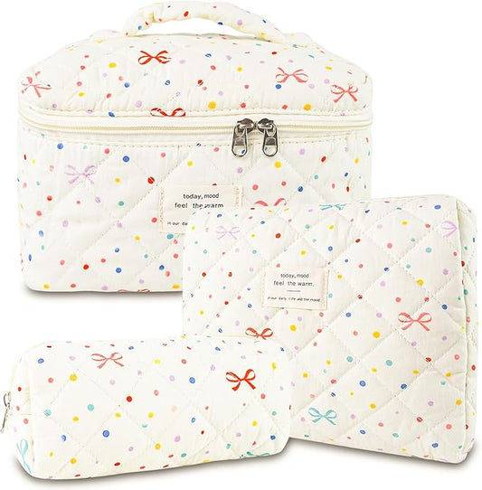 3Pcs Quilted Makeup Bag, Cute Floral Cotton Cosmetic Bag set, Coquette Bow Makeup Pouch Large Travel Toiletry Bag
