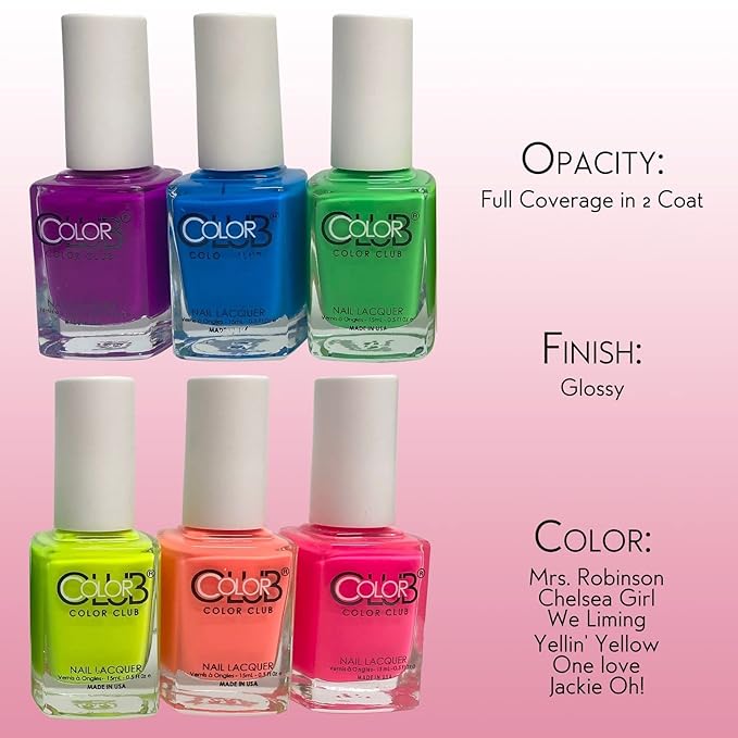 Color Club Neon Nail Lacquer Set - 6 Vibrant Shades for Salon-Quality Manicures and Art