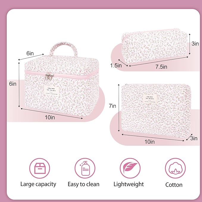 3PCS Quilted Makeup Bag Set, Cosmetic Pouch for Women, Travel Toiletry Bags with Zipper Closure, Coquette Floral Make up Organizers