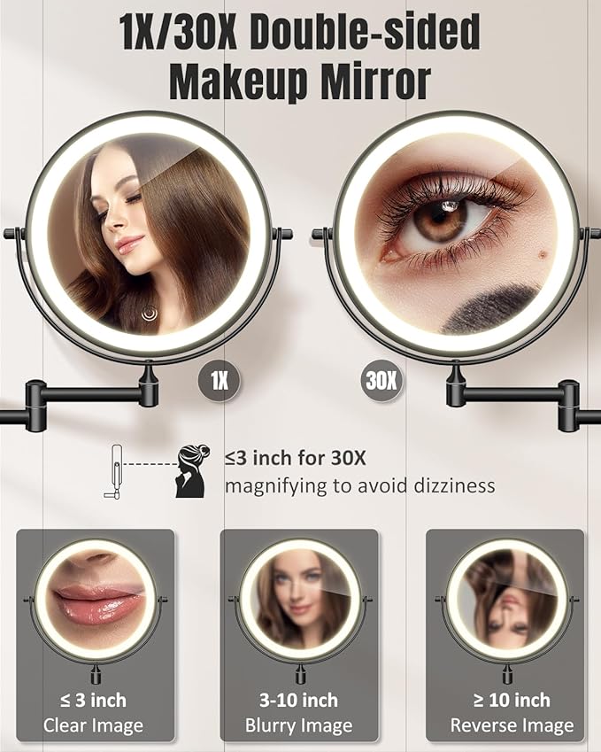 30X/1X Wall Mounted Lighted Makeup Mirror, 8'' Double Sided Rechargeable Magnifying Bathroom Mirror with Light, 3 Color Lights Touch Dimmable Extended Arm 360 Rotation Light up Mirrors