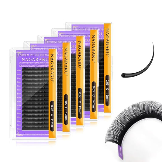 NAGARAKU 5 Trays Eyelash Extensions Individual Lashes 0.05mm C curl 11/12/13/14/15mm in 1 pack Classic Soft Natural Professional Faux Mink 16 rows