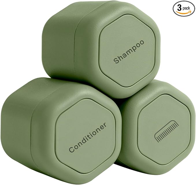 Cadence Travel Containers - Haircare Set - Magnetic Travel Capsules - For Shampoo, Conditioner, Hair Styling Product - 3 Flex Mediums (1.32oz) with Shampoo, Conditioner & Comb Icon Labels - Eucalyptus
