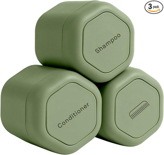Cadence Travel Containers - Haircare Set - Magnetic Travel Capsules - For Shampoo, Conditioner, Hair Styling Product - 3 Flex Mediums (1.32oz) with Shampoo, Conditioner & Comb Icon Labels - Eucalyptus